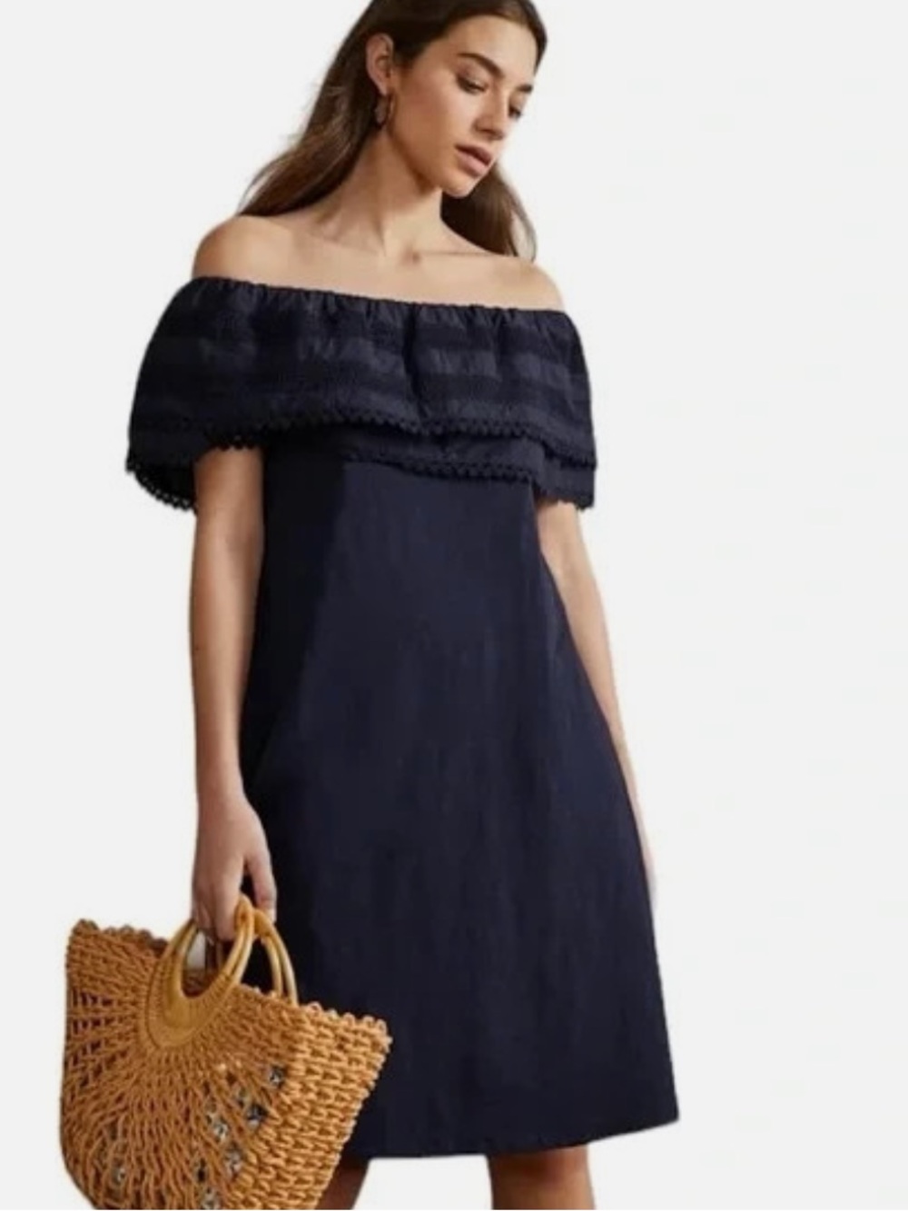 BODEN off the shoulder RUFFLE cotton NAVY BLUE a line DRESS 14 14L